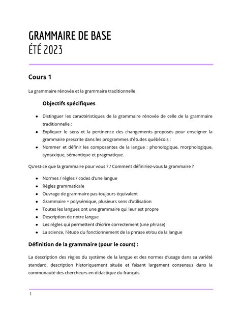 Notes de cours grammaire GRAMMAIRE DE BASE ÉTÉ 2023 Cours 1 La