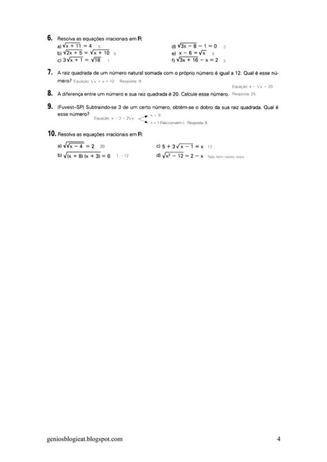 Lista De Exercícios Equações Irracionais Ii Unidade Pdf