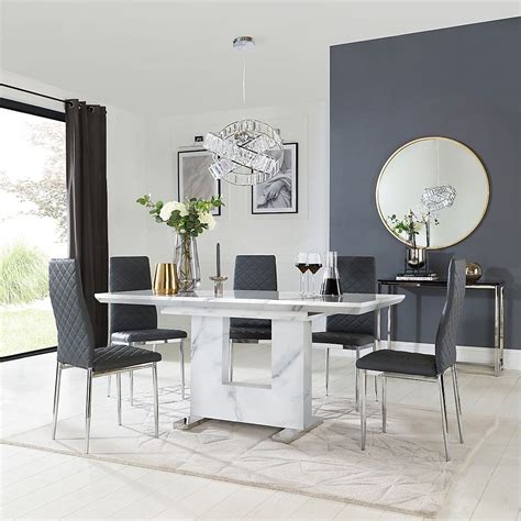 Florence Extending Dining Table And 6 Renzo Chairs White Marble Effect Grey Classic Faux Leather