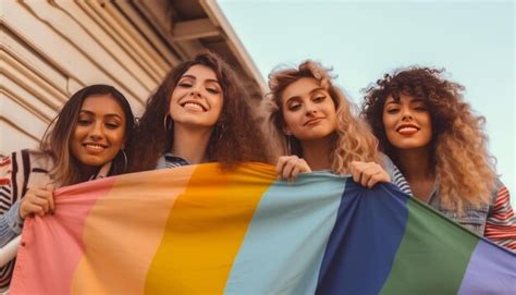 Un grupo de jóvenes amigos alegres que celebran la bandera del día del orgullo gay IA generativa