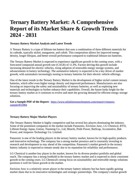 Reportprime - Ternary Battery Market: A Comprehensive Report of its