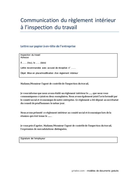 Communication du règlement intérieur à linspection du travail DOC