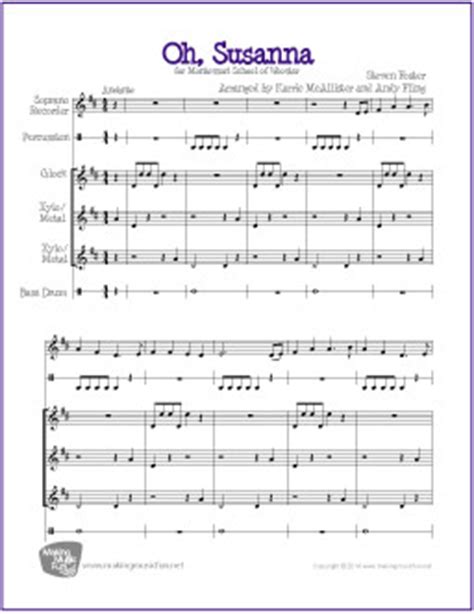 Oh Susanna Free Orff Orchestration Sheet Music Extended