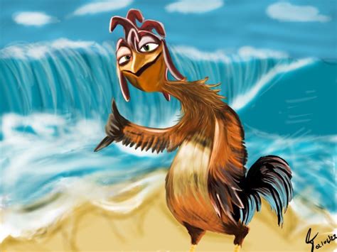 A Painting Of A Rooster Standing On The Beach With His Arms In The Air