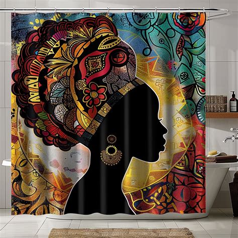 Boho African Woman Shower Curtain Vibrant Ethnic Design Intricate Patterns Cultural Symbolsblack