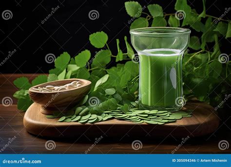 Moringa Leaves Extract In A Glass On Wooden Background Stock Illustration Illustration Of