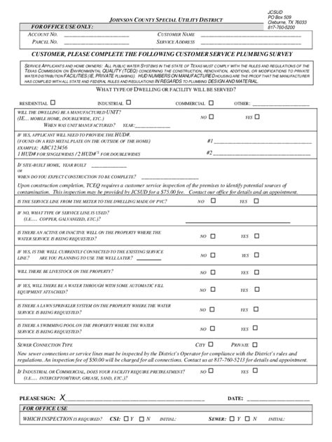 Fillable Online Plumbing Survey Johnson County Special Utility