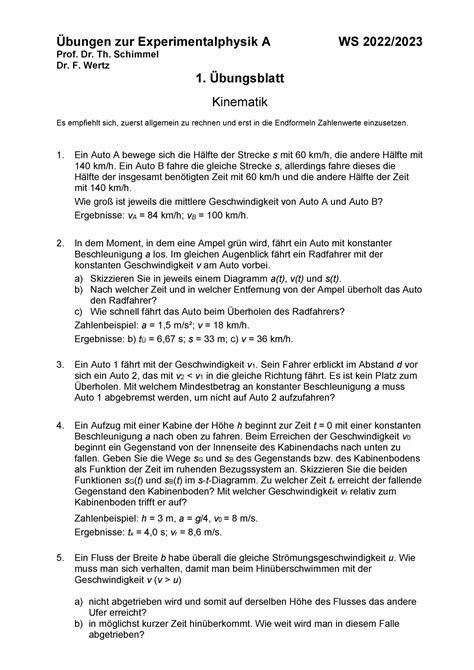 1 Uebungsblatt Erstes Arbeitsblatt Übungen zur Experimentalphysik