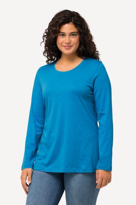 Basic Round Neck Long Sleeve Slim Fit Cotton Tee Aqua Ulla Popken