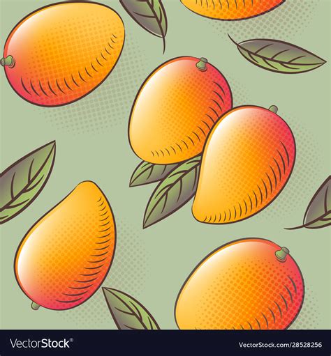 Mango Seamless Pattern Ripe Fruits With Leaves Vector Image