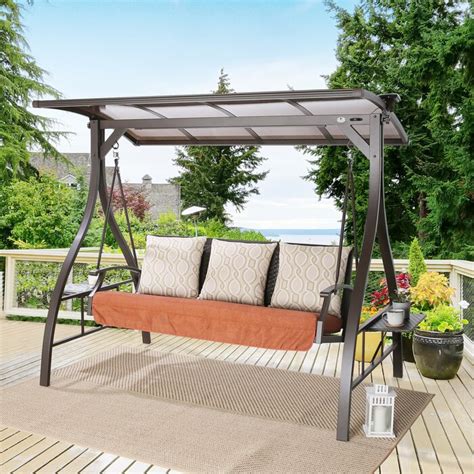 Arlmont & Co. Patio 3-seat Luxurious Porch Swing With Sunbrella Cushions, Solar Led Light And ...