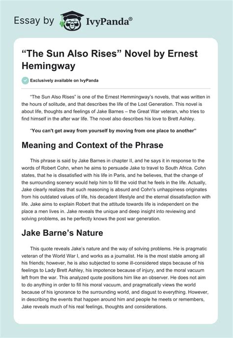 The Sun Also Rises Novel By Ernest Hemingway 558 Words Essay Example