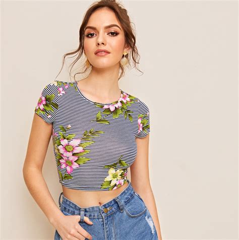 Womens Summer Floral O Neck Short Sleeve Top Top Shirt Women Cropped Tee Shirt Sexy Style