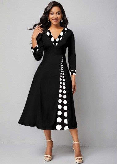 Black Polka Dot 3 4 Sleeve Midi Fit And Flare Dress Rotita Polka Dot 3