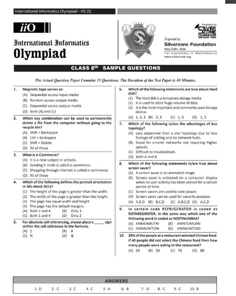 Nco Cyber Olympiad Sample Papers For Class 8 Olympiad Tester