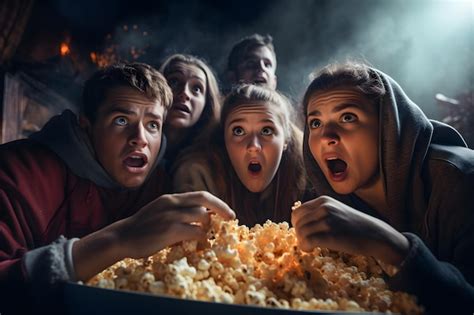 Premium AI Image | Scary Movie Night Friends gathered around a TV