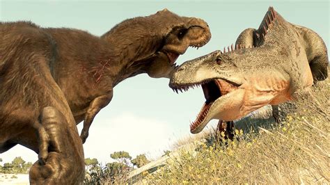 T Rex Vs Albertosaurus Vs Acrocanthosaurus Dinosaurs Battle In Malta Jurassic World Evolution