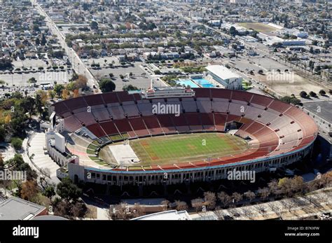 USC Trojans Football stadium The Coliseum Los Angeles California aerial view from a helicopter ...