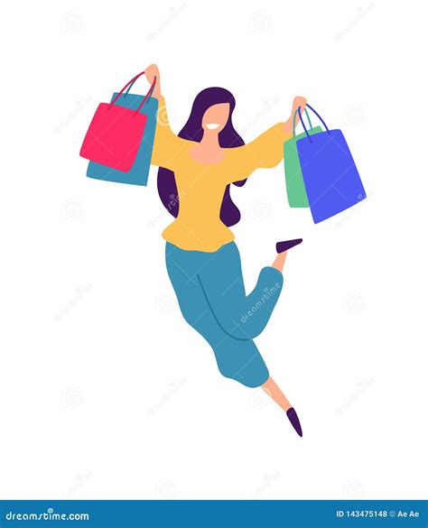 Illustration Of A Girl With Shopping Vector Positive Flat