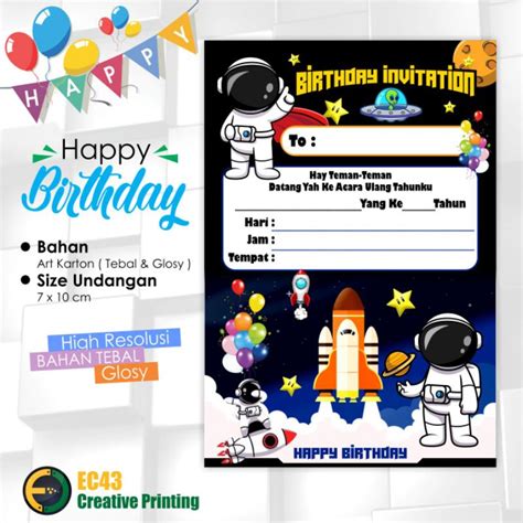 Jual Undangan Ulang Tahun Anak Tema Astronot Isi 10 Pcs FREE Plastik