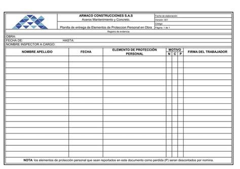 Planilla De Entrega De Elementos De Proteccion Personal En Obra 2pdf