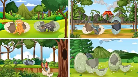 Four Scenes With Dinosaurs In Forest Vector Art At Vecteezy