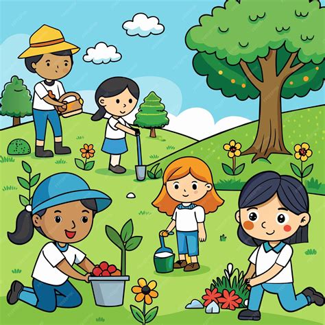 premium vector  cartoon illustration  children planting flowers