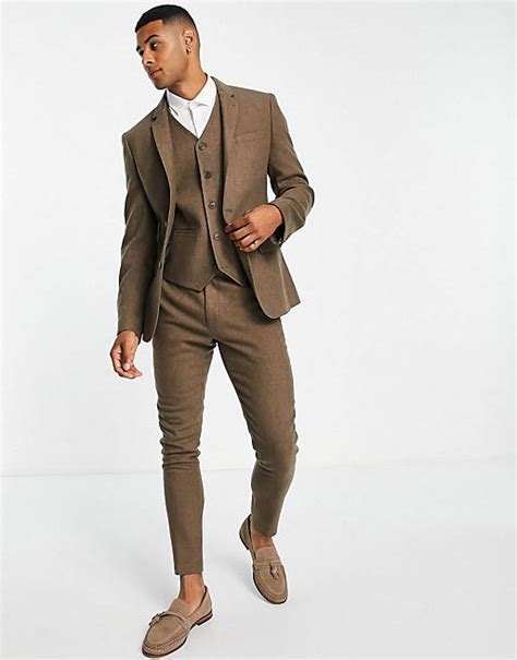 Asos Design Wedding Super Skinny Wool Mix Suit In Camel Herringbone Asos