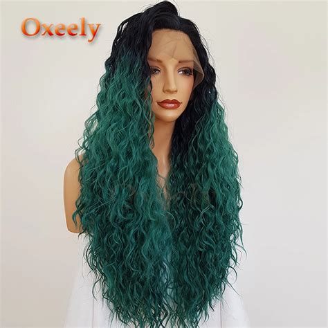 Oxeely Loose Curl Green Ombre Wigs Synthetic Lace Front Wigs Glueless