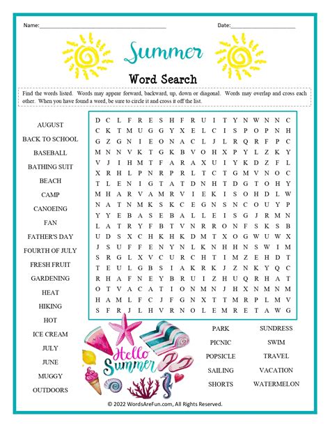 Printable Summer Word Search Puzzles