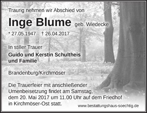 Traueranzeigen Von Inge Blume M Rkische Onlinezeitung Trauerportal