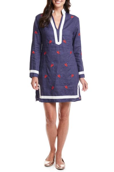 Womens Embroidered Tunic Dress Navy Linen With Lobster Castaway