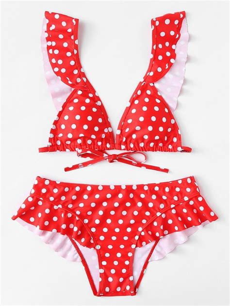 Polka Dot Ruffle Trim Bikini Set SheIn Sheinside Bikinis Swimsuits