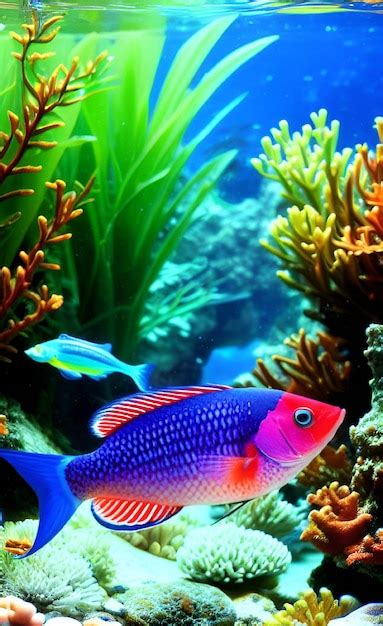 Pescado En Un Tanque Con Un Color Rojo Y Azul Foto Premium