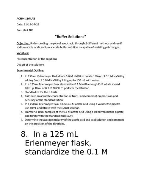 Lab 18B Lab ACHM 116 LAB Date 11 15 16 Pre Lab 18B Buffer