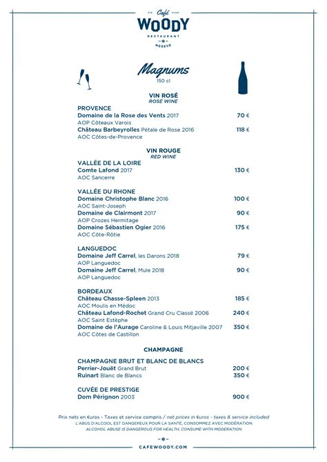 La carte des vins Café WOODY