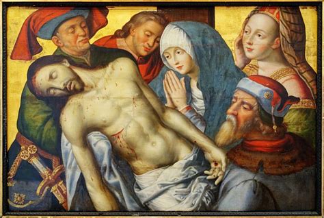 An Image Of The Crucifix Being Held By Two Men And One Woman