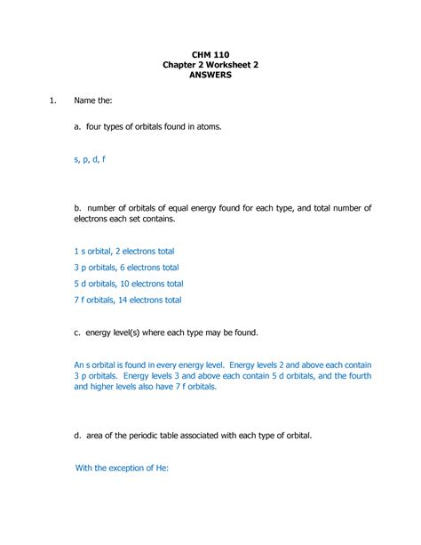 CHM 110 Chapter 2 Worksheet 2 Answers CHM 110 Chapter 2 Worksheet 2