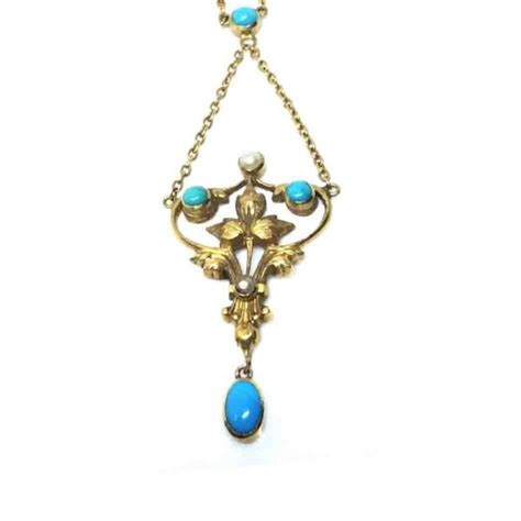 Antique Turquoise Pearl And Gold Pendant Necklace Circa 1870