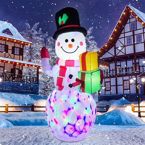 5FT Inflatable Christmas Snowman for Patio and Outside Decorations with Rotating LED Lights ...