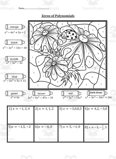 Zeros Of Polynomials Color By Number Activity By Teach Simple