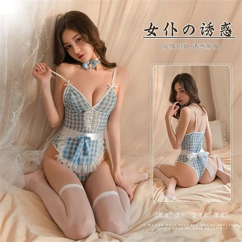 Sexy Lingerie Deep V Low Cut Maid Dress Underwear Costumes Cosplay Servant Babydoll Lace Plaid