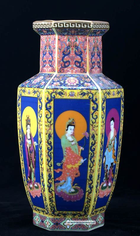 Chinese Cloisonne Porcelain Hand Painted Kwan Yin Vase W Yongzheng