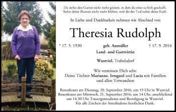 Theresia Rudolph Traueranzeige Trauer InFranken De