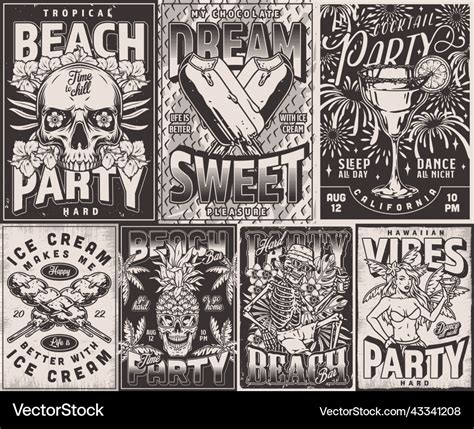 Beach Party Set Flyers Monochrome Royalty Free Vector Image