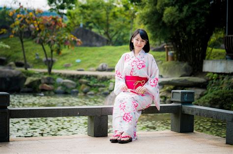 Desktop Wallpapers Bokeh Kimono Female Asian Sit