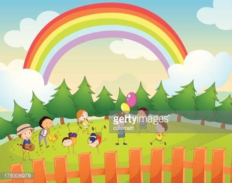 Happy Children Playing In Green Park Stock Clipart | Royalty-Free ...