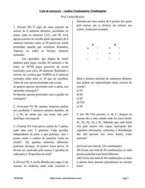 Pdf Lista De Exerc Cios An Lise Combinat Ria Pdf File N O