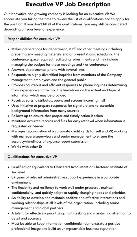 Executive VP Job Description | Velvet Jobs