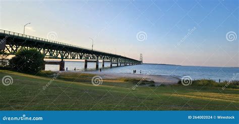 Mackinac Bridge Crossing the Straits of Mackinac at Sunset, United ...